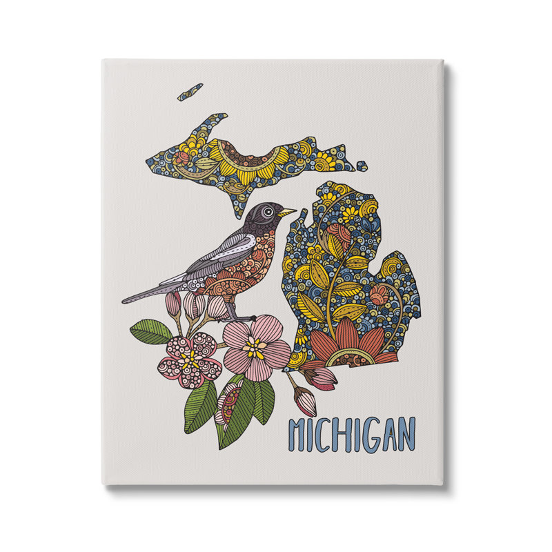 Motif détaillé d'oiseaux et de fleurs de l'État du Michigan détaillé par Valentina Harper - impression, Toile tendue