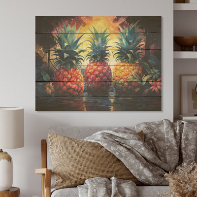Ananas tropicaux ensoleillés - Art sur bois de pin naturel