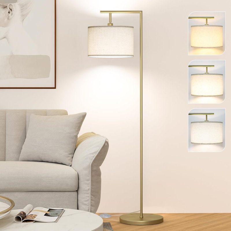 Floor Lamp For Living Room With 3 Color Temperatures Standing Lamp With Adjustable Beige Linen Lampshade Tall Lamps For Bedroom Office Classroom Dorm Room, 9W LED Bulb Included, Gold