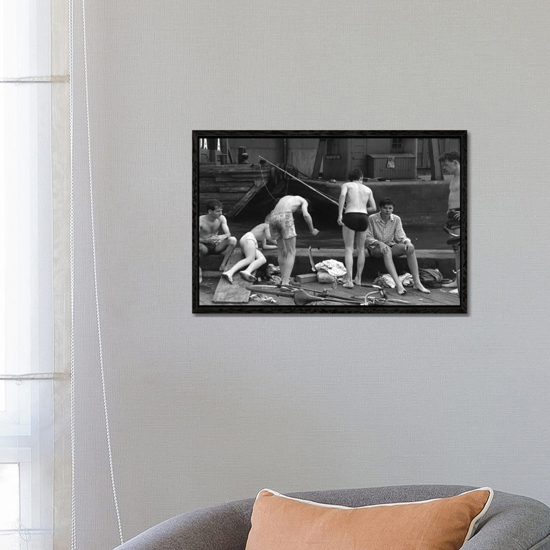 Boys Fishing At Ganservoort Pier (1948) by Ruth Orkin - Print on Canvas, Black Framed, 66.04 cm H x 45.72 cm W
