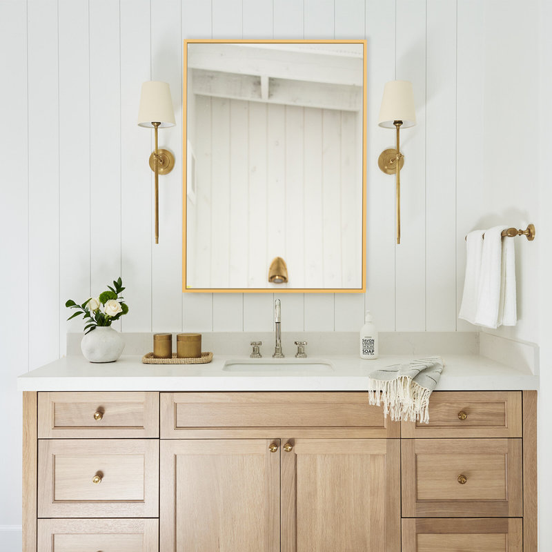 Bathroom Wall Mirror with Rectangular Metal Frame, Gold, 30" x 20"