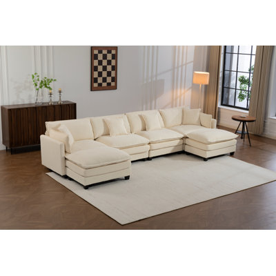 Canapé modulaire moderne à 4 sièges avec 2 repose-pieds de 149,61 po avec coussins de taille, canapé symétrique rembourré à 4 places, canapé-lit avec méridienne pour salon, appartement, 2 couleurs