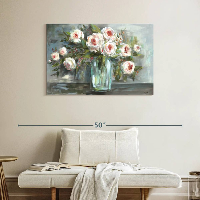 Harnek, fleurs roses, nature morte, paysage, H 26 po x l 39 po