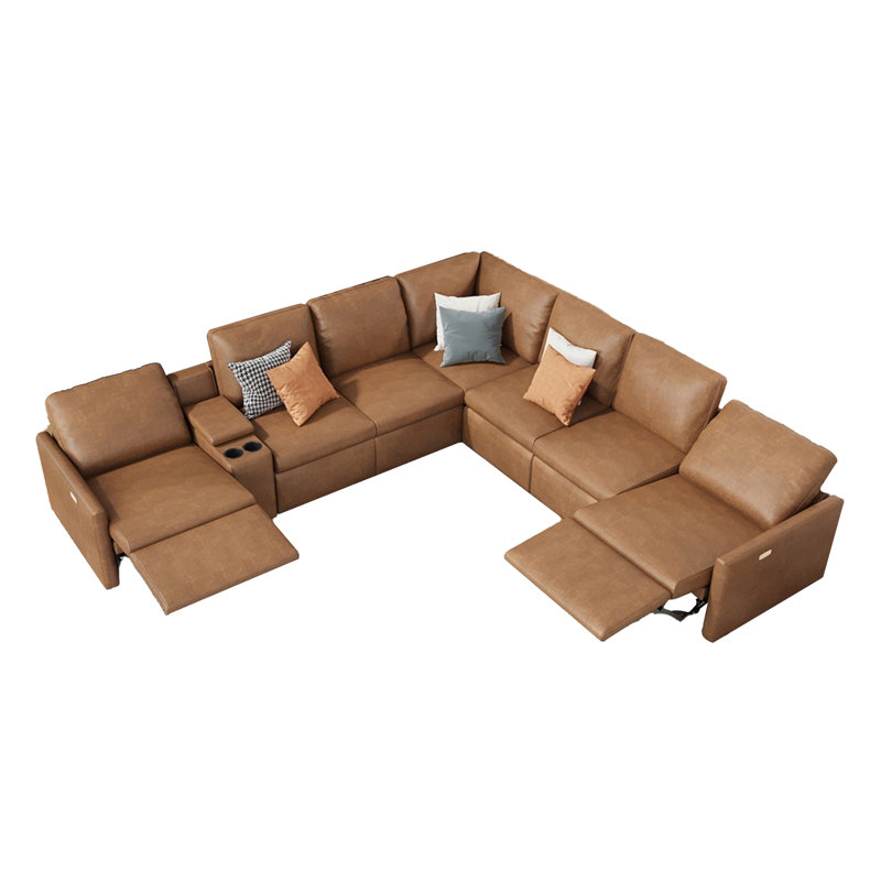 Power Recliner, Reclining Sectional Sofa With Console& Dual Recliner, 7 Seats L Shaped Recliner Sofa With Cup Holder& Charging Port, Leather Modular Couch For Living Room