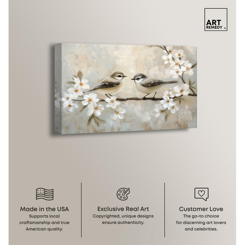 Delicate Birds Beige and White Wrapped Canvas Art
