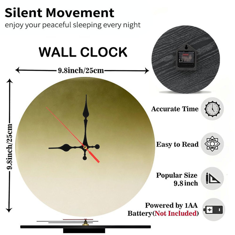 Horloge murale ronde en bois 10 po, mouvement à quartz silencieux, imprimé UV, à piles, Vert olive