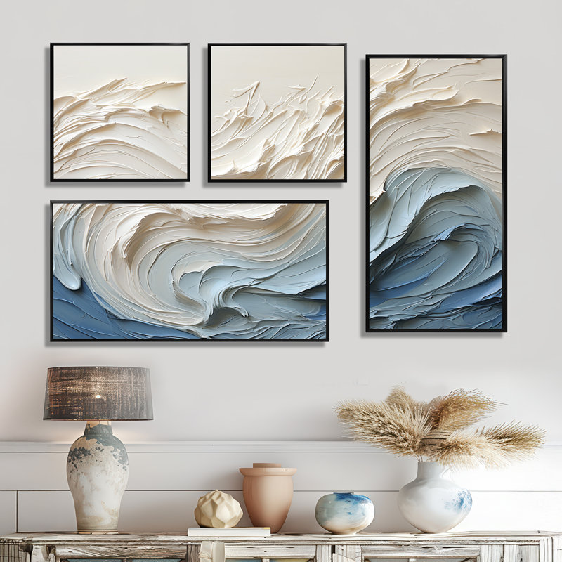 Vague blanche et bleue style papercut - décoration murale bord de mer beige 4 pièces, Noir