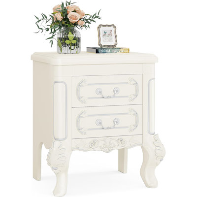 White Nightstand With Drawers – 20” Classic Carved End Table
