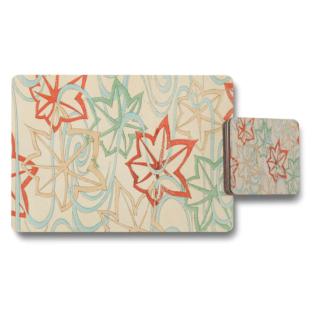Abstract Floral Placemat and Coaster Set With Multicolor Leaves