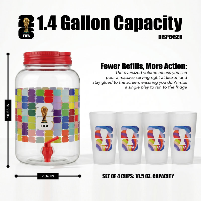 Distributeur de boissons en plastique avec poignée rouge et 4 tasses en plastique 18,5 oz.