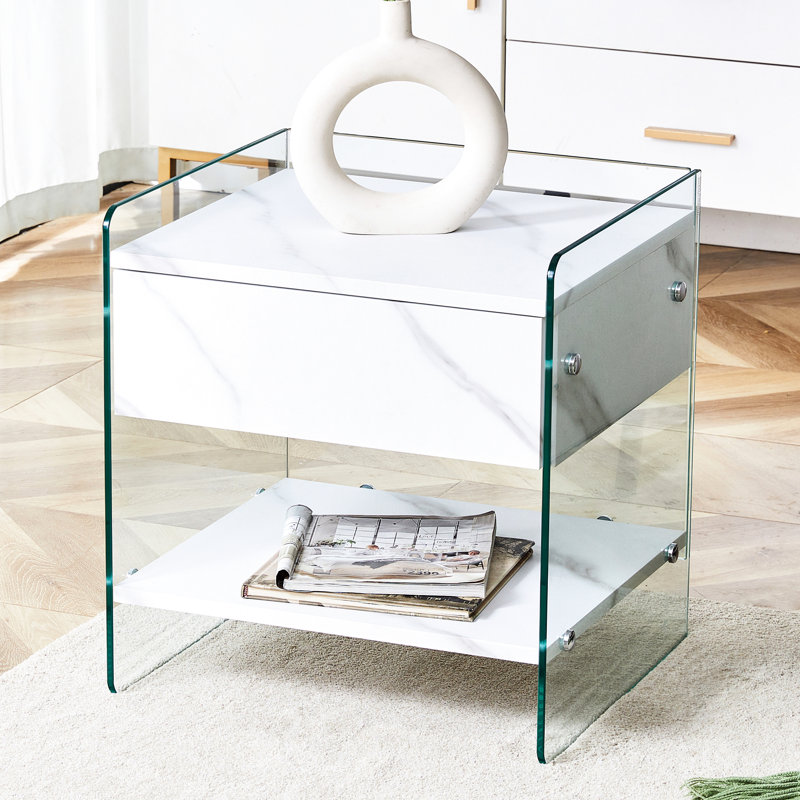 Table de chevet blanche avec tiroir et verre, élégante table de rangement pratique, 1 tiroir pour la chambre à coucher