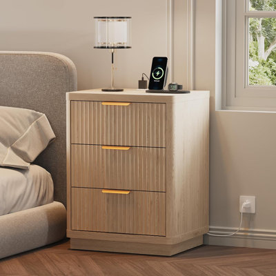 Fluted Nightstand with Charging Station, Mid Century Modern Fluted Nightstand, Wooden Night Stand, Modern End Table with Curved Corners