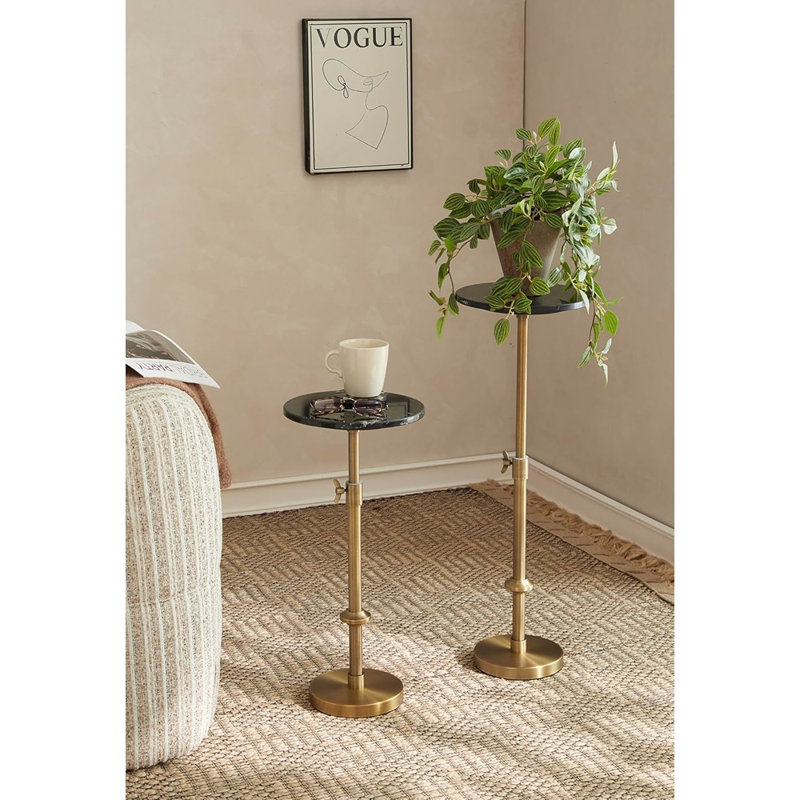 «Table de bout ronde moderne - 10 x 10 x 22 à 30, table d'appoint en marbre noir et laiton antique pour petits espaces, style martini / cocktail de style rétro»