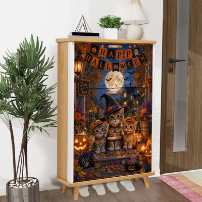 Shoe Storage Cabinet with 3 Flip Drawers for Halloween Scene Adorable Kittens Witch Hats Glowing Pumpkins Shoe Rack Storage Organizer