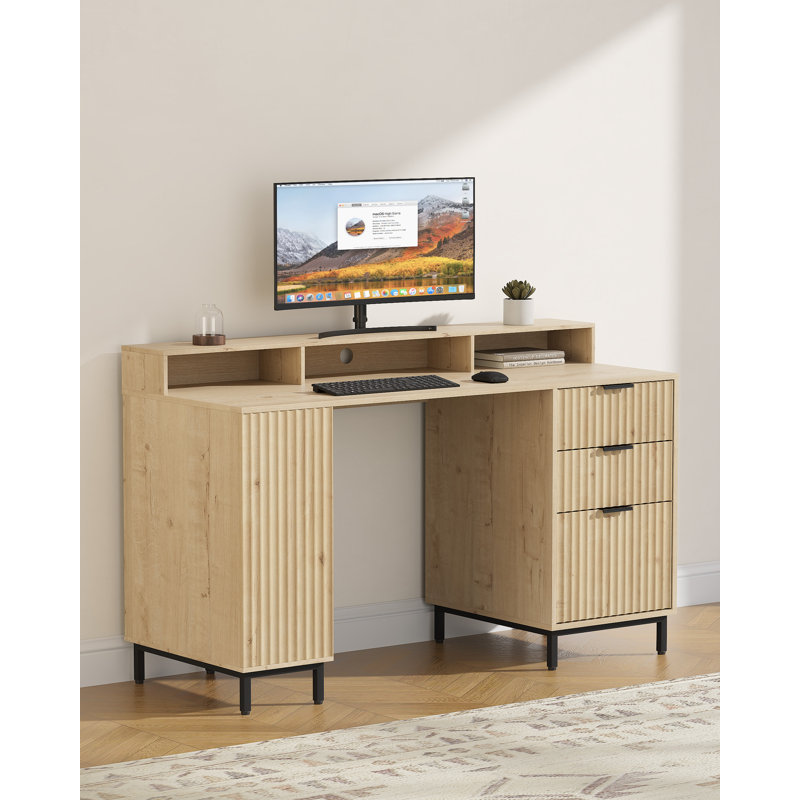 55" Fluted Executive Office Desk With Storage Shelf & File Drawer, Light Oak