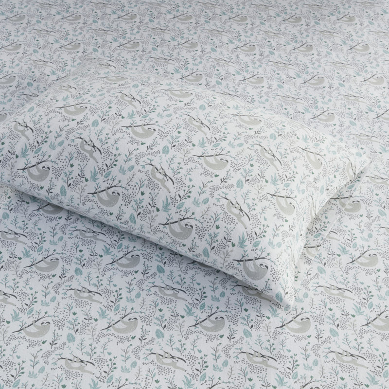 Gray Sloth Print Twin Cotton Flannel Sheet Set
