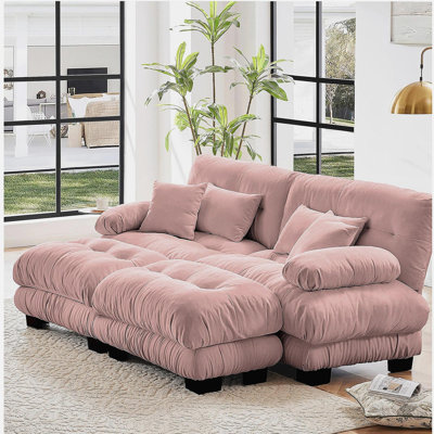Canapé-lit Cloud pour le salon, canapé en chenille 2 places avec 2 coussins lombaires et 2 coussins décoratifs, canapé rembourré à accoudoirs larges avec 2 repose-pieds, chenille rose