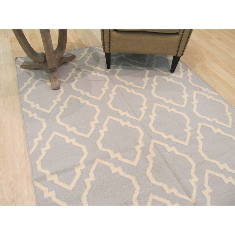 Tapis géométrique transitionnel en laine tissé à plat bleu Durrant, Rectangle de 5 pi x 8 pi