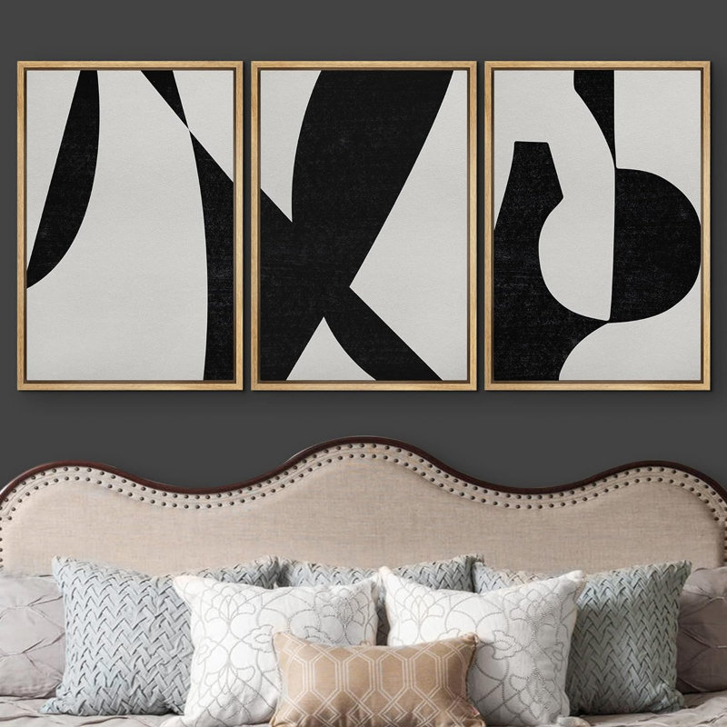 " Boho Black And Grey Mid Century Polygons Abstract Patterns Modern Art Bohemian Chic " 3 - Pieces, Naturel