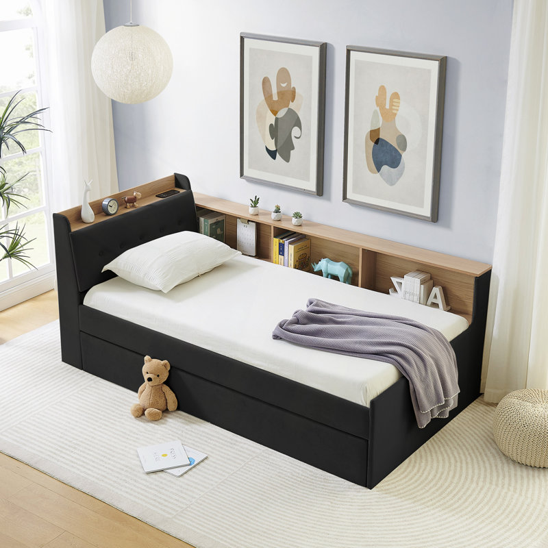 Upholstery Velvet Height Adjustable Day Bed With Storage Headboard And Wireless Charging, Multi-Functional Daybed With Trundle Bed & LED Lights