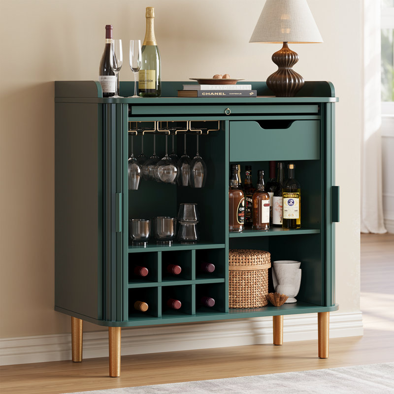 31.5'' Coffee Bar Cabinet With Wooden Sliding Door, Mid-Century Bar Stand With Wine Glass Holder, Wine Rack, Pull-Out Tray And Drawer