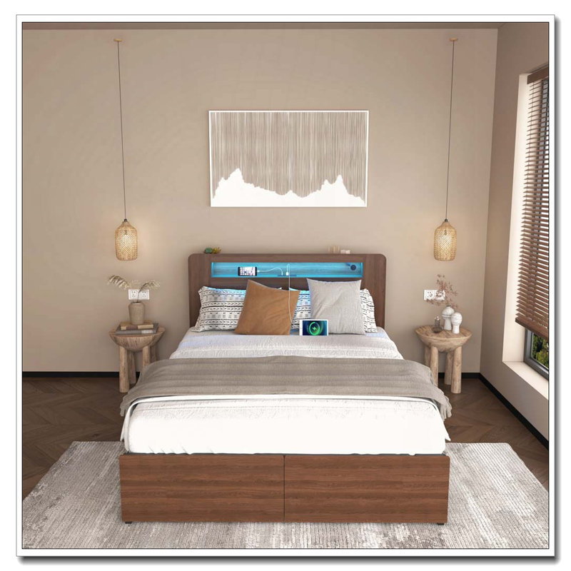 Base de lit en bois avec plateforme pour grand lit et tablette avec bibliothèque et 2 tiroirs de rangement, tête de lit à DEL avec rangement