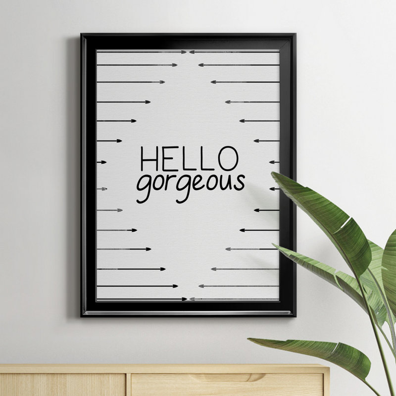 «Hello Gorgeous», art textuel sur toile, H 18,5 po x l 24,5 po x P 1,5 po, Cadre noir
