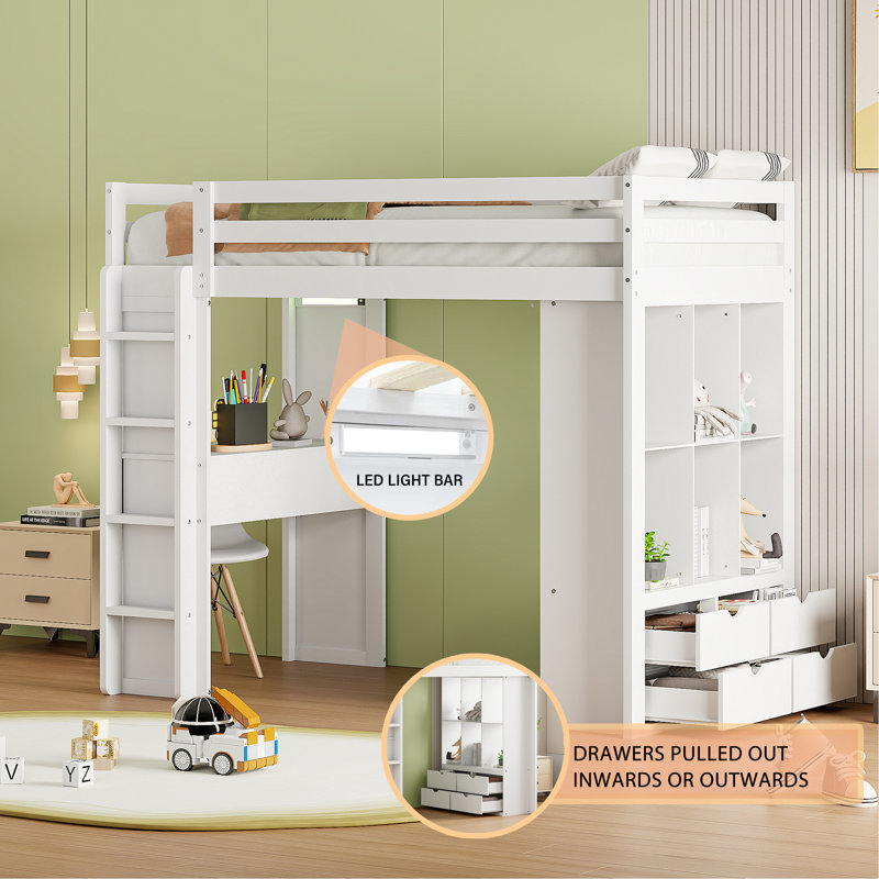 Lit mezzanine avec grandes tablettes, bureau et lumière DEL, Lit simple, Blanc