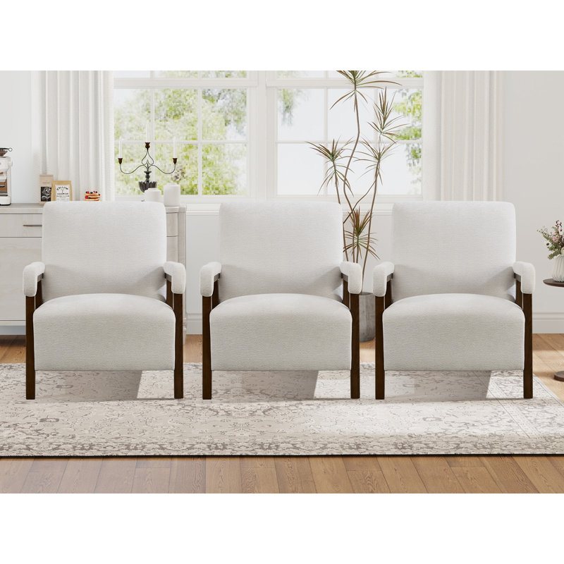Fauteuil d'appoint rembourré en tissu de 28,35 po de largeur avec pieds en bois massif (ensemble de 3), Ivoire ivoire, 3