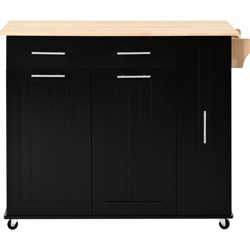 Mobile Kitchen Storage With Large Drop Leaf & 3 Tier Cabinet, Black Island Rubber Wood Countertop, Black