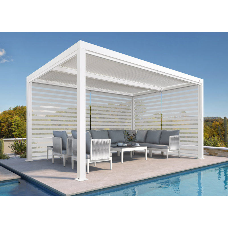 Pergola en aluminium avec abat-jour à enroulement, 1 côté long et 1 côté court, 14 pi x 10 pi, Blanc