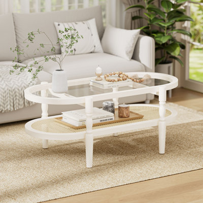 Glass Top Coffee Table with Rattan Shelf