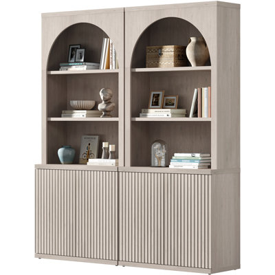 77.6''H Fluted Arched Bookcase With Open Shelves and Storage Cabinet