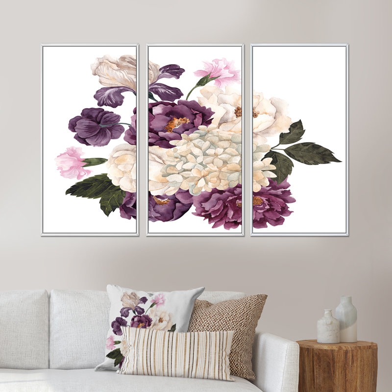 Bouquet rétro avec fleurs et feuilles rétro VI - ensemble d'art mural sur toile encadré traditionnel de 3, Blanc
