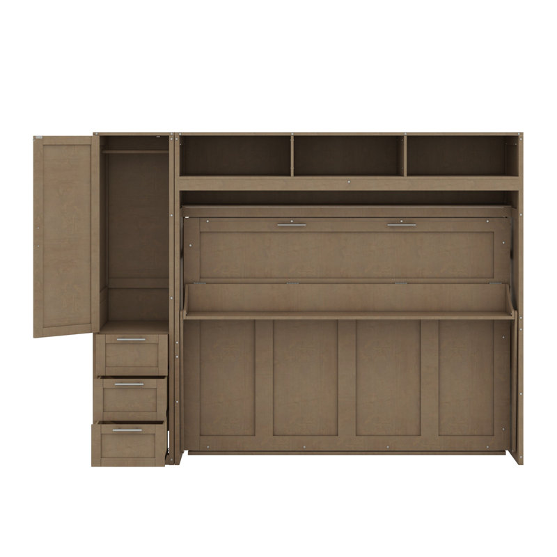 Lit escamotable avec garde-robe, tiroirs et tablettes ouvertes Murphy