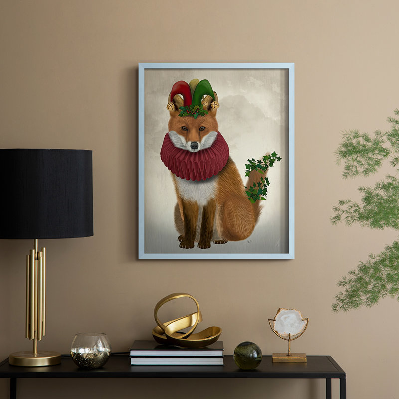 «Christmas Holly and Ivy Fox», reproduction encadrée - bois massif, H 21 po x l 17 po, Bleu
