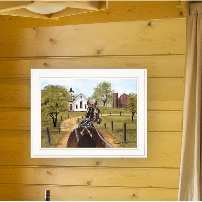 «Amish on Sunday Drive», art mural encadré pour le salon et la maison par Billy Jacobs, Cadre blanc