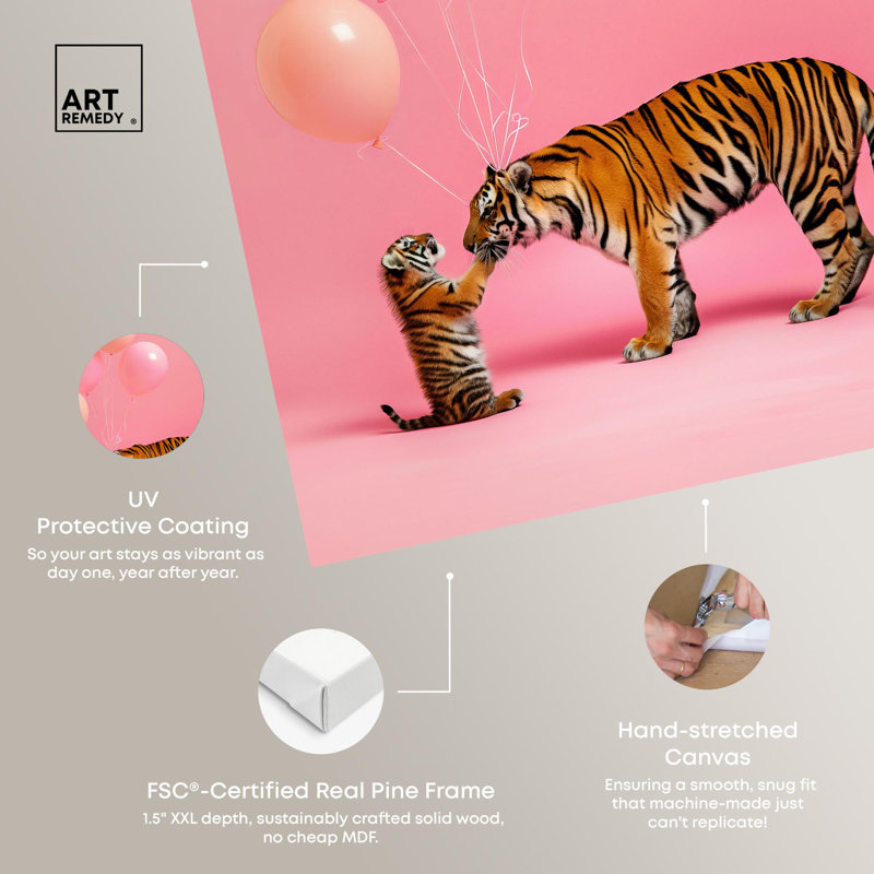 Joyful Wilderness Pink Canvas Art with Tigers and Balloons