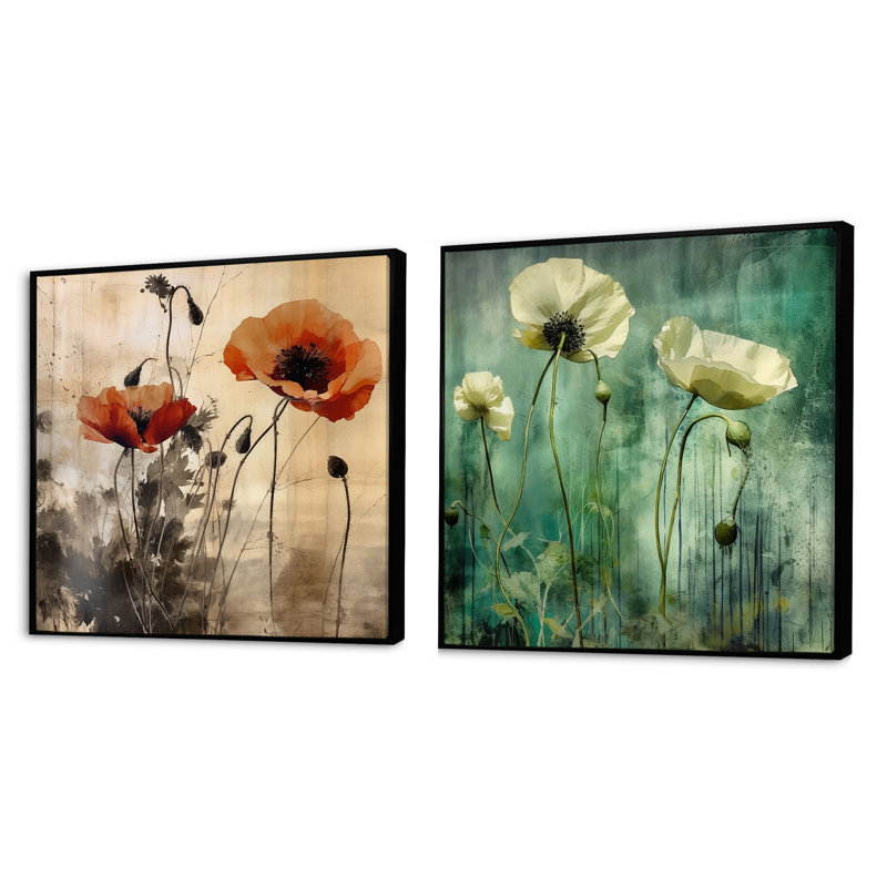 «Emerald Vibrant Poppies», 2 pièces, Cadre flottant noir, H 16 po x l 33 po