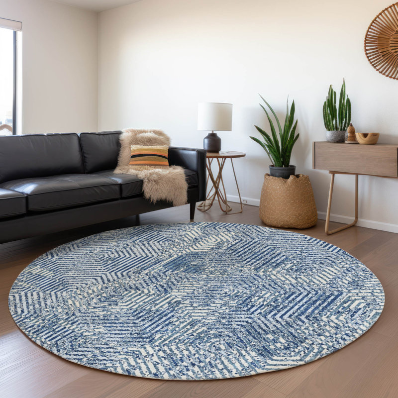 Premium Machine Washable Prisco Navy Rug, Round 8'