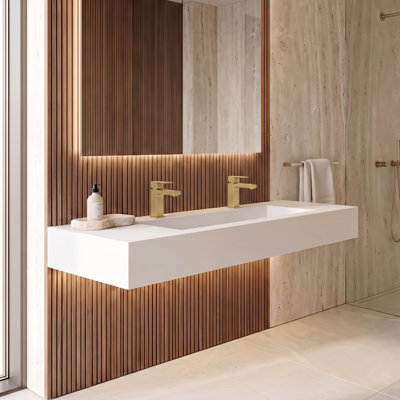 Pyramid 60" Wall Mounted Rectangular Solid Surface Bathroom Trough Sink in Matte Finish - White, With Faucet Holes
