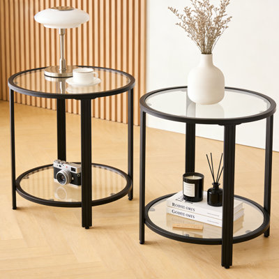 Glass End Table,Black Side Table For Bedroom,living Room, Balcony