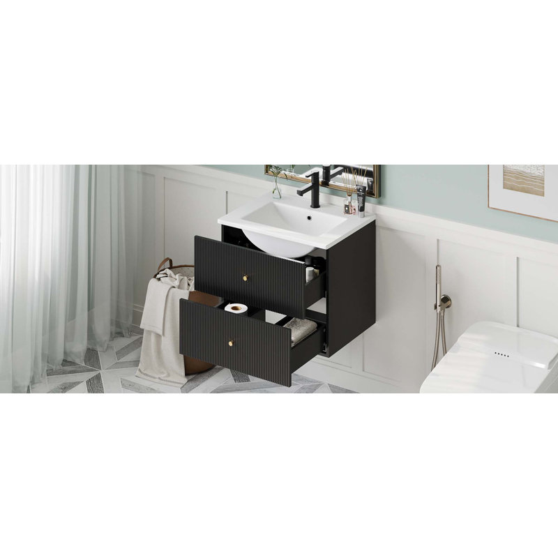 Meuble-lavabo mural 24 po avec 2 tiroirs - idéal pour les petites salles de bain, Noir, noir, noir, noir
