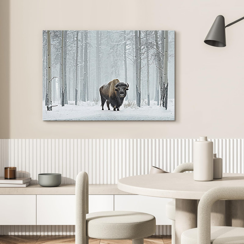 Animaux, bisons d'hiver et arbres enneigés, H 16 po x l 24 po