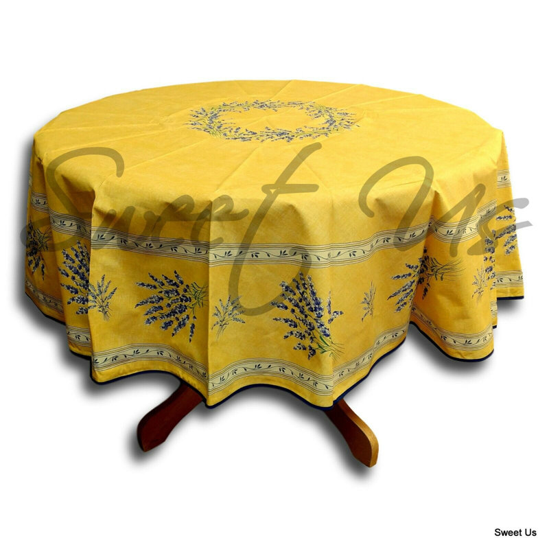 Wipeable Stain Resistant Acrylic Coated Cotton Provencal Lavender Floral Round Tablecloth Collection, 71" x 71", Yellow