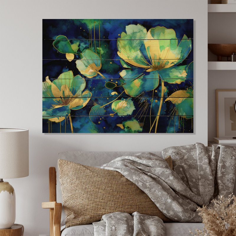 Étang de lotus vert bleu sur bois, H 30 po x l 40 po x P 0,78 po