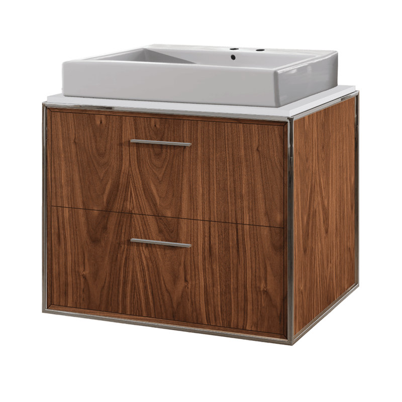 Linea 24" Vessel Vanity, Double, Polished Stainless Steel, Natural Walnut