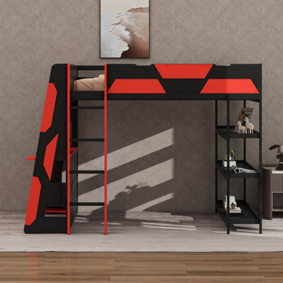 Lit mezzanine pleine grandeur avec bureau et tablettes de rangement, lumières DEL et stations de charge USB, lit mezzanine en bois massif avec tablettes de rangement