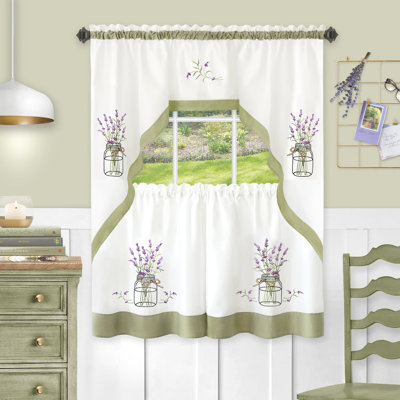 Lavender Art Tier and Swag Window Curtain Set, Flower Design Sets, Rod Pocket Style Polyester Drapes, Green