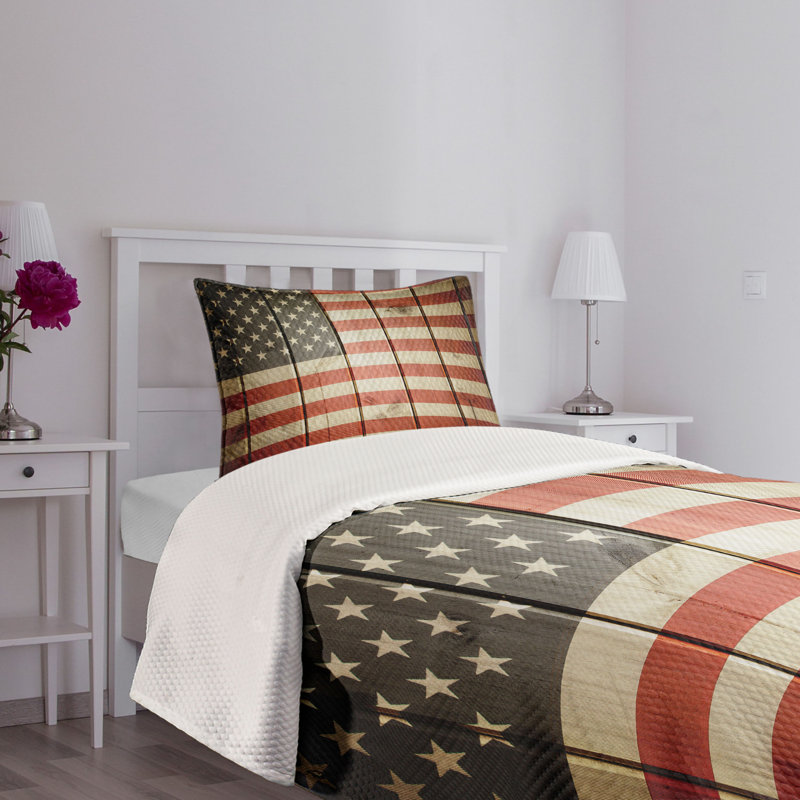 Twin Blue Quilted American Flag Bedspread Set